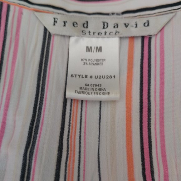 FRED DAVID multi colour pinstripe pointed collar shirt tulip sleeve stretch MED - Picture 8 of 8